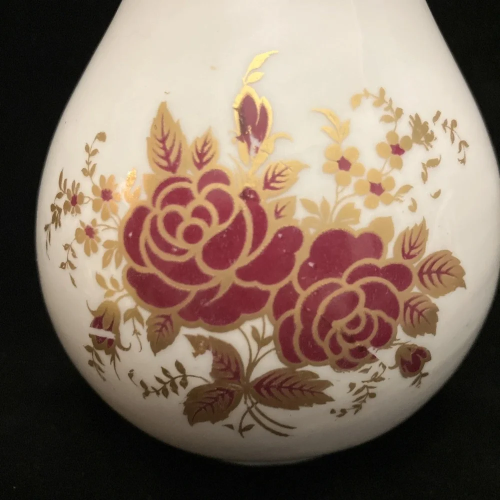 Osborne China 24k Gold Trim Hand Painted Vintage Vase Burgundy Red Yellow Floral